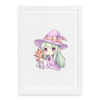 Kawaii Anime Witch with Dragon - Framed poster (27 × 37 cm) - white - Front