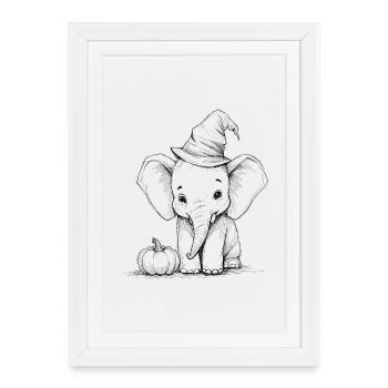 Éléphant d’Halloween avec chapeau de sorcière design mignon - Affiche encadrée (27 × 37 cm) - blanc - Devant