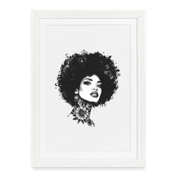 Floral Tattoo Afro Portrait Woman Monochrome - Framed poster (27 × 37 cm) - white - Front