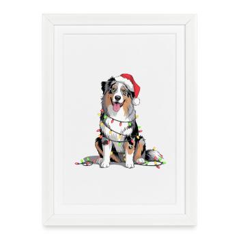 Chien de Noël avec des guirlandes lumineuses - Affiche encadrée (27 × 37 cm) - blanc - Devant