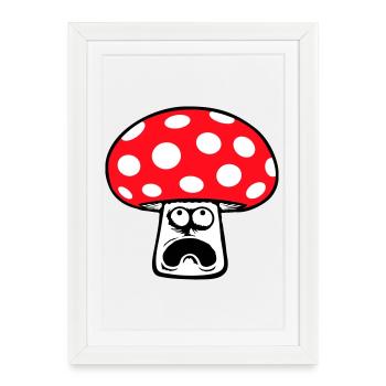 Champignon effrayé, paniqué, levant les yeux, - Affiche encadrée (27 × 37 cm) - blanc - Devant