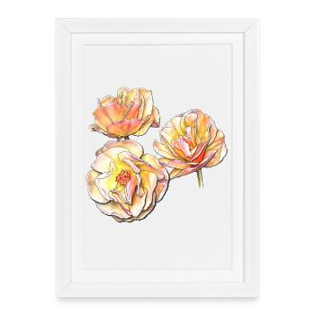 Trois fleurs de rose jaune rose dessin au crayon de couleur - Affiche encadrée (27 × 37 cm) - blanc - Devant