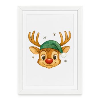 Reindeer with Santa hat - Framed poster (27 × 37 cm) - white - Front