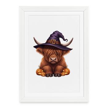 Bovins Highland d’Halloween avec chapeau de sorcière - Affiche encadrée (27 × 37 cm) - blanc - Devant
