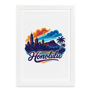 Honolulu Waikiki Capital Hawaii Aloha cadeau - Affiche encadrée (27 × 37 cm) - blanc - Devant