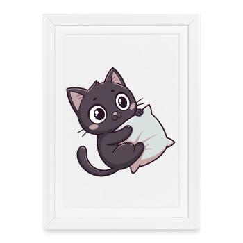 Chaton kawaii câlin sur oreiller - Affiche encadrée (27 × 37 cm) - blanc - Devant