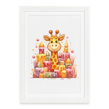 Girafe colorée devant des châteaux de bougies - Affiche encadrée (27 × 37 cm) - blanc - Devant