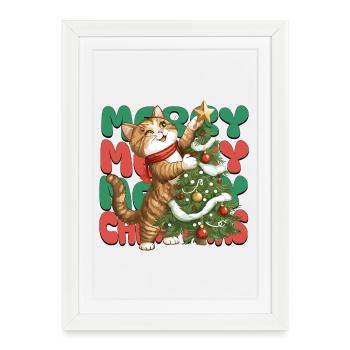 Chat Arbre de Noël Noël Noël Mignon Drôle - Affiche encadrée (27 × 37 cm) - blanc - Devant