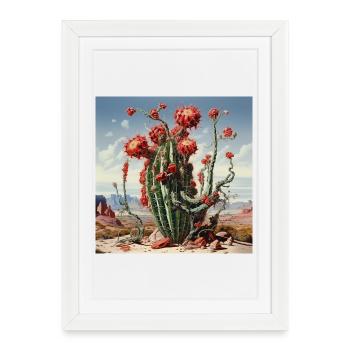 Cactus du désert aux fleurs rouges - Affiche encadrée (27 × 37 cm) - blanc - Devant
