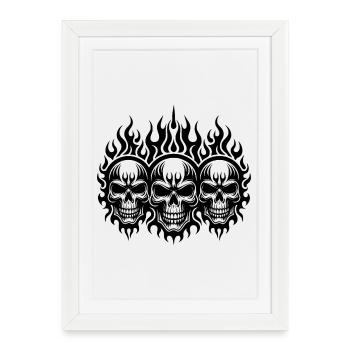 Trois flammes de crâne féroce tatouage style tribal - Affiche encadrée (27 × 37 cm) - blanc - Devant