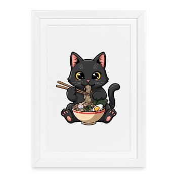 Chat noir ramen gourmand - Affiche encadrée (27 × 37 cm) - blanc - Devant