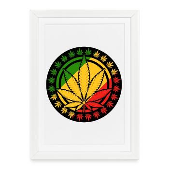 Une feuille de cannabis à l'intérieur d'un cercle rouge jaune vert - Affiche encadrée (27 × 37 cm) - blanc - Devant