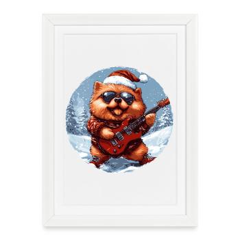 Chow Chow Dog Guitare de Noël - Affiche encadrée (27 × 37 cm) - blanc - Devant