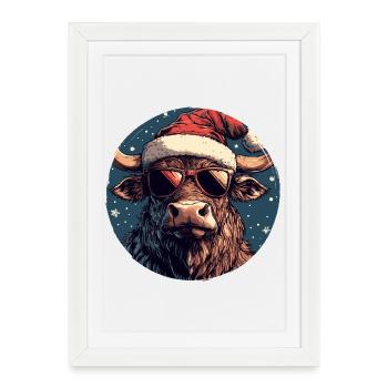 Beef bull with Santa hat and sunglasses - Framed poster (27 × 37 cm) - white - Front