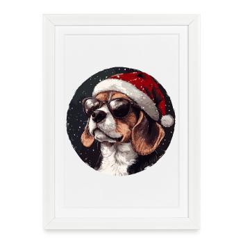 Beagle au chapeau de Noël - Affiche encadrée (27 × 37 cm) - blanc - Devant