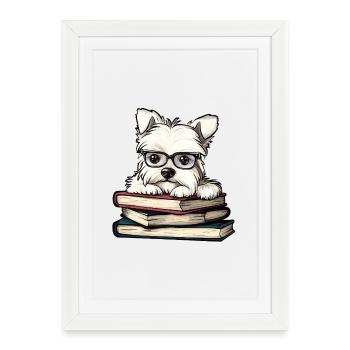 Cute Westie Dog Reading Book with Glasses - Framed poster (27 × 37 cm) - white - Front