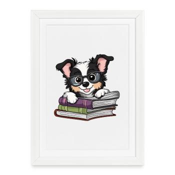 Cute Collie Dog Reading Book with Glasses - Framed poster (27 × 37 cm) - white - Front