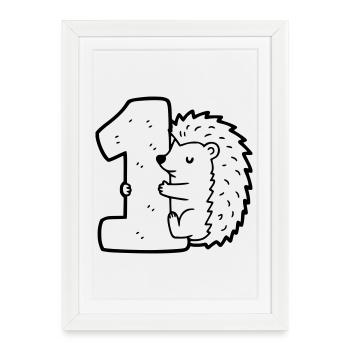 Cute hedgehog with number 1 cartoon illustration - Framed poster (27 × 37 cm) - white - Front