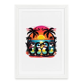 Sunset penguins on the palm beach - Framed poster (27 × 37 cm) - white - Front