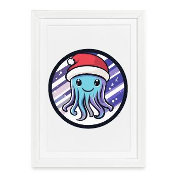 Pieuvre avec un chapeau de Père Noël - Affiche encadrée (27 × 37 cm) - blanc - Devant