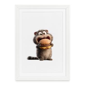 Chat avec un burger affamé Bol de nourriture drôle Animal - Affiche encadrée (27 × 37 cm) - blanc - Devant