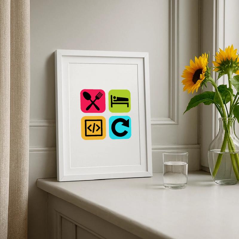 Manger Dormir Code Répéter Citation drôle Dev Affiche encadrée (27 × 37 cm)