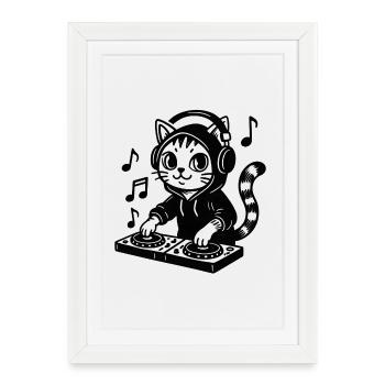 Chat DJ en hoodie - Affiche encadrée (27 × 37 cm) - blanc - Devant