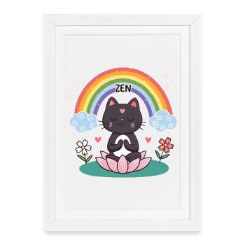 Chat Zen sur Lotus et Arc en ciel - Affiche encadrée (27 × 37 cm) - blanc - Devant