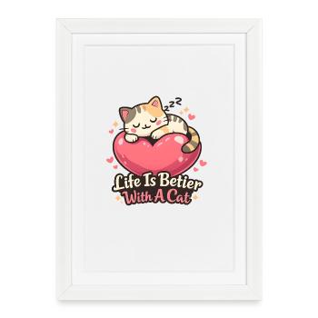 La vie est meilleure avec un motif félin - Affiche encadrée (27 × 37 cm) - blanc - Devant