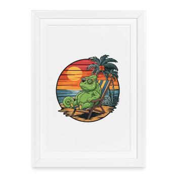 Funny Chameleon on Beach Summer Vacation Sunset - Framed poster (27 × 37 cm) - white - Front