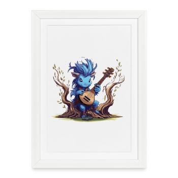 Lutin bleu avec luth dans la forêt - Affiche encadrée (27 × 37 cm) - blanc - Devant