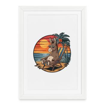 Âne drôle sur la plage pendant le coucher de soleil des vacances d’été - Affiche encadrée (27 × 37 cm) - blanc - Devant