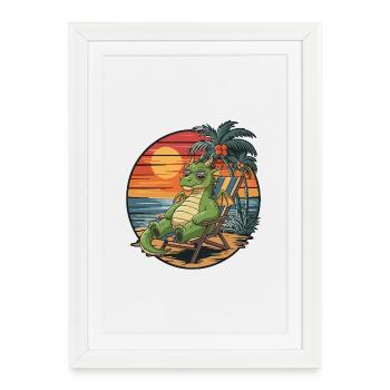 Dragon drôle sur la plage Coucher de soleil des vacances d’été - Affiche encadrée (27 × 37 cm) - blanc - Devant