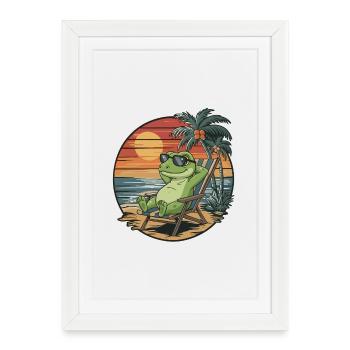 Lézard drôle sur la plage pendant le coucher de soleil des vacances d’été - Affiche encadrée (27 × 37 cm) - blanc - Devant