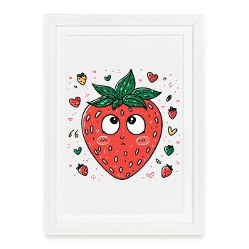 Fraise Kawaii aux yeux curieux - Affiche encadrée (27 × 37 cm) - blanc - Devant
