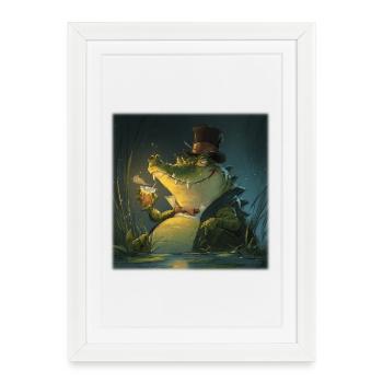 Elegant swamp crocodile with drink & top hat - Framed poster (27 × 37 cm) - white - Front