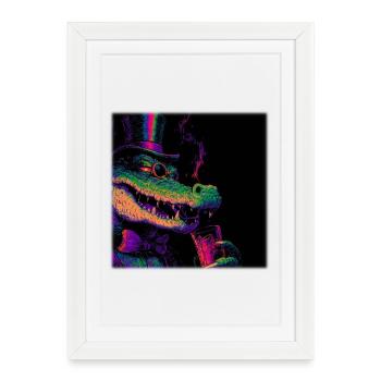 Crocodile néon avec haut-de-forme et boisson - Affiche encadrée (27 × 37 cm) - blanc - Devant