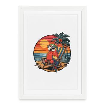 Funny Parrot on Beach Summer Vacation Sunset - Framed poster (27 × 37 cm) - white - Front