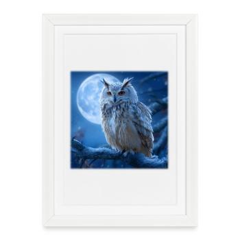 Snowy Owl in the Full Moon: Magical Winter Night - Framed poster (27 × 37 cm) - white - Front