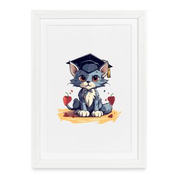 Chat de remise des diplômes avec bonnet de remise des diplômes - Affiche encadrée (27 × 37 cm) - blanc - Devant