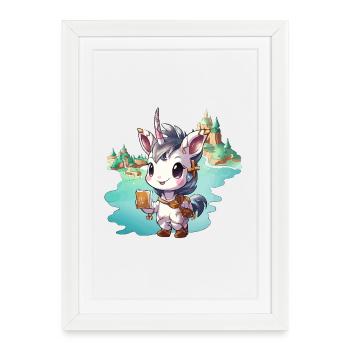 Petite licorne avec un livre au bord du lac - Affiche encadrée (27 × 37 cm) - blanc - Devant
