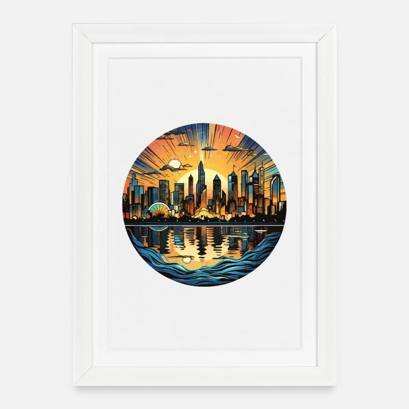 Ville du coucher de soleil sur l’eau - Affiche encadrée (27 × 37 cm) - blanc