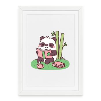 Un panda mignon lisant un livre près des plants de bambou - Affiche encadrée (27 × 37 cm) - blanc - Devant