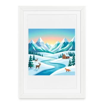 Paysages alpins d’hiver avec cerfs et huttes - Affiche encadrée (27 × 37 cm) - blanc - Devant