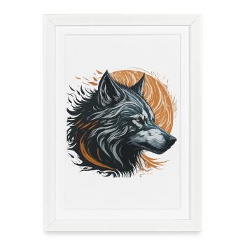 Schwarzer Wolf unter dem goldenen Mond - Gerahmtes Poster (27 × 37 cm) - Weiß - Vorne