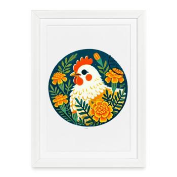 Une poule ensoleillée parmi des fleurs audacieuses - Affiche encadrée (27 × 37 cm) - blanc - Devant