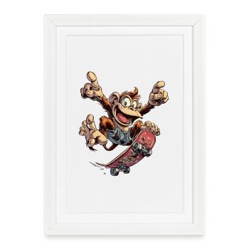 Skater Monkey : design de bande dessinée cool dans un look streetwear - Affiche encadrée (27 × 37 cm) - blanc - Devant