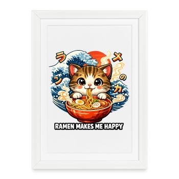 Ramen Nouilles, Amoureux des Chats, Kats Kawaii Rétro - Affiche encadrée (27 × 37 cm) - blanc - Devant