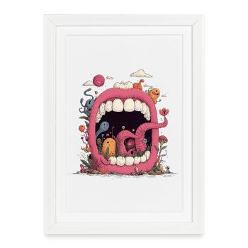 Monde de la Bouche Rose avec des Créatures - Affiche encadrée (27 × 37 cm) - blanc - Devant