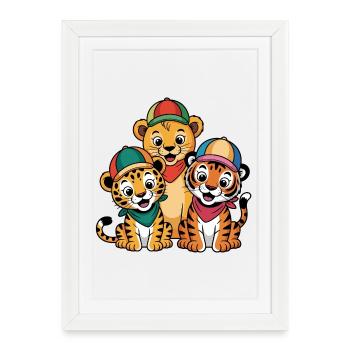 Amis Lion Tigre, Léopard – Motif drôle d’animal - Affiche encadrée (27 × 37 cm) - blanc - Devant